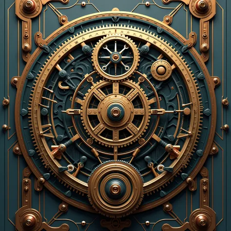 a massive futuristic retro-style mechanical, intricate clockwork mechanisms, brass and copper gears, glowing neon accents,(Single Bottom : 1.4), (symmetry: 1.2), (Decorative Art:1.4), (Retro Future:1.4), (Minimalism:1.4), (Clean:1.4), (Flat_color:1.4), (St...