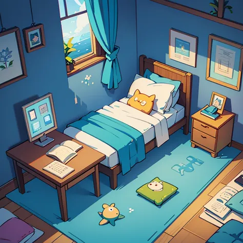 a room with a bed and a desk in it, a low poly render, inspired by Cyril Rolando, pixel art, beautiful isometric garden, underwater in the ocean at night, small and cosy student bedroom, inside a childs bedroom, organic isometric design, portfolio illustra...