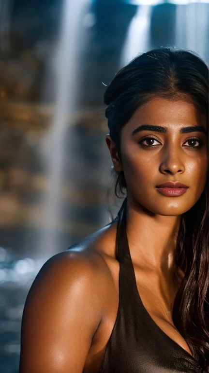  photo of  ( Pooja Hegde ) in Hellblade: Senuas Seductress, in waterfall, long free hair, showing cleavafs and navel,sexy expression, dirty face, finely detailed eyes, moody, bikini epic scene, epic composition, Photography, Cinematic Lighting, Volumetric ...