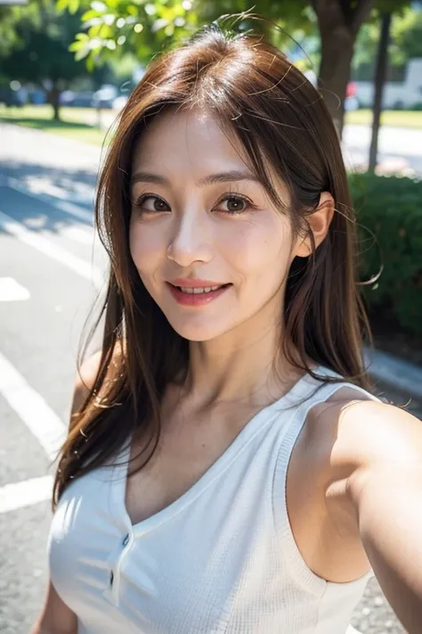 Best Quality, 8k, masterpiece, Photorealistic,((Selfie)), Brown Hair,Realistic, 60 years old,((An innocent smile)),Taking a walk,A beautiful Japanese woman with a half-Japanese look,Medium Hair,Facial wrinkles, ((Upper Body)),Medium Hair, (Viewer&#39;s per...