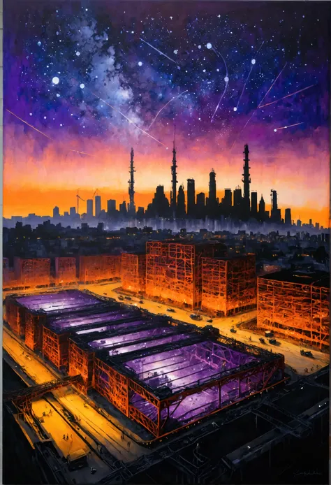 As dusk descends upon a bustling city undergoing redevelopment, the horizon is painted with shades of orange and purple. Within this twilight canvas, a group of advanced construction machines toil relentlessly. These colossal devices, clad in reflective ma...