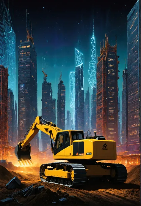 In a sprawling urban landscape teeming with towering skyscrapers, a fleet of futuristic construction machinery operates in perfect synchrony. These machines, with their sleek, metallic exteriors and glowing LED accents, move with an almost sentient agility...