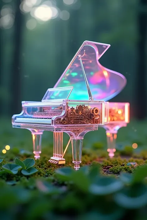 A grand piano has an outer shell made of glass or transparent plastic so that the internal structures can be clearly seen. The light scattered through creates a beautiful range of seven colors, filed of fresh green three-leaf, with tiny water droplets on t...