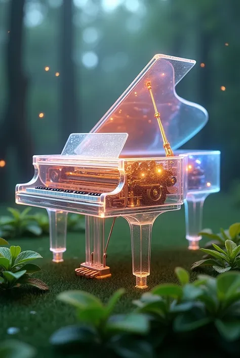 A grand piano has an outer shell made of glass or transparent plastic so that the internal structures can be clearly seen. The light scattered through creates a beautiful range of seven colors, filed of fresh green three-leaf, with tiny water droplets on t...