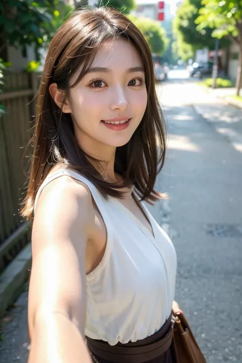 Best Quality, 8k, masterpiece, Photorealistic,((Selfie)), Brown Hair,Realistic,((An innocent smile)),Taking a walk,A beautiful Japanese woman with a half-Japanese look,Medium Hair,Facial wrinkles, ((Upper Body)),Medium Hair, (Viewer&#39;s perspective), ((A...