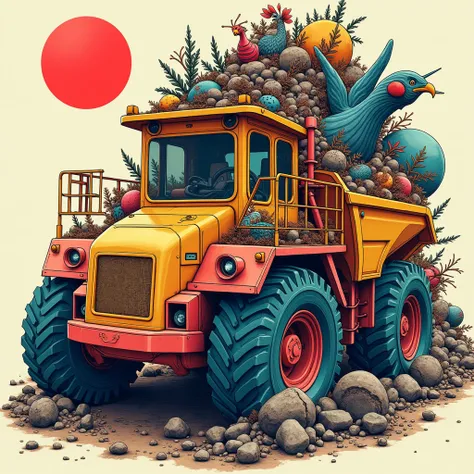 Large Construction Machinery , high resolution, High quality , masterpiece . Surrealist Ink Paintings ，Colorful,  Absurd Elements in Ross Tran Style，symmetry, Decorative Art, Retro Future, 