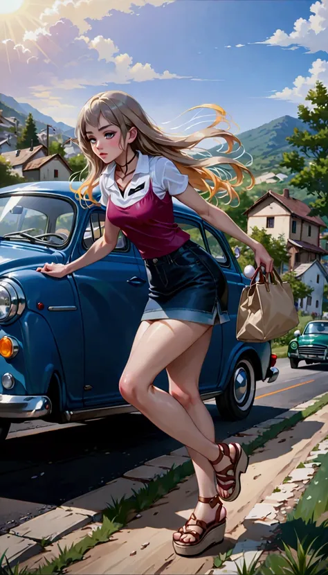 pretty woman is running along field while carrying bag, blue car beside her, she is black long wavy hair (+swept-side bangs, blonde ombre hair black to blonde gradient hair), wearing dark-blue denim pencil mini skirt, yellowish-brown platform sandals , BRE...