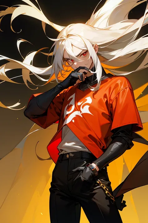  A man with long white hair ,  hair length to the elbows ,  he has red pupils , , a dark bondan on his face that covers his mouth and almost his nose ,  he is wearing a red t-shirt with dark spots ,  he doesnt have a jacket or anything like that ,  he wear...