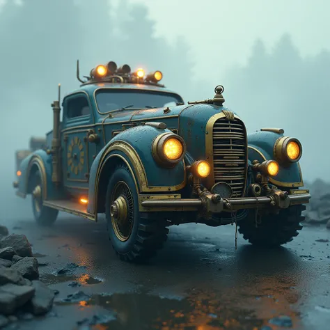 intricate futuristic, steampunk , huge industrial sci-fi car, intricate engineering details, complex machinery, brass and chrome accents, glowing neon lights, volumetric fog, dramatic cinematic lighting, moody color palette, muted greys and blues, highly d...