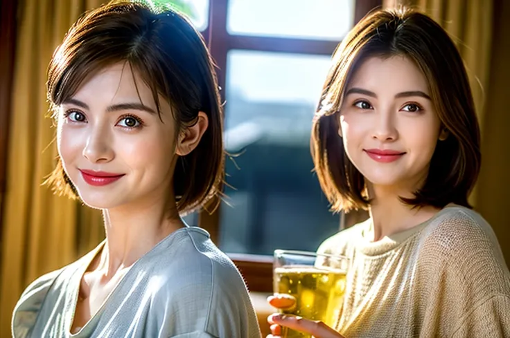 ((White Wine)),((Wine Glasses)),(Realistic, 超Realistic:1.4), 16K HDR, High resolution,((White Wine)),((Wine Glasses)),Happy smile、short hair,The best smile、Japanese actress,so beautiful(It looks like the real thing),dress、Slim couple、Model Couple、(Realisti...