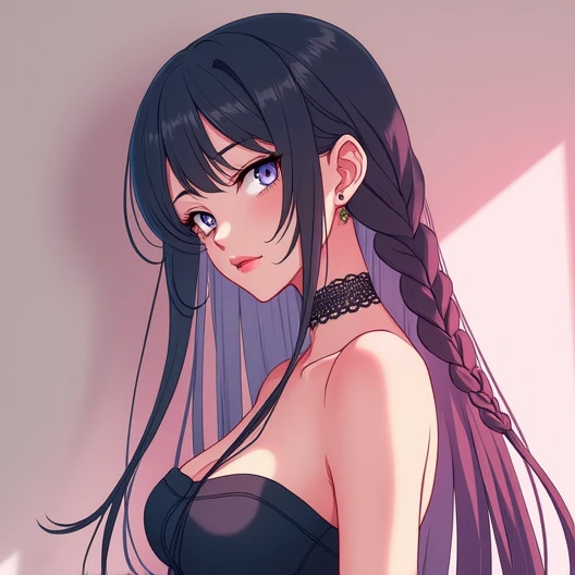 Black Hair, Anime Style, Accurate, Large breasts, Earrings, Absurdly Long Hair, Heterochromia, Anime Style, Simple background, Back spiral braids, Long hair front, Silver right Eye, Blue left Eye, 