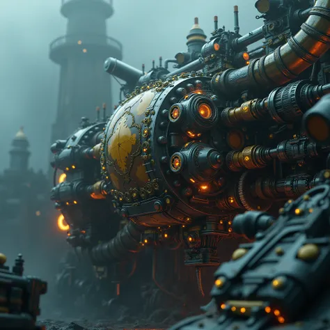 intricate futuristic, steampunk , Heavy Machinery, intricate engineering details, complex machinery, brass and chrome accents, glowing neon lights, volumetric fog, dramatic cinematic lighting, moody color palette, muted greys and blues, highly detailed ren...