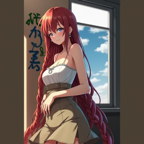 Reddish Ginger Hair, Anime Style, Accurate, Large breasts, Earrings, Absurdly Long Hair, Heterochromia, Anime Style, Simple background, Back spiral braids, Long hair front, Silver right Eye, Blue left Eye, Lolita clothing, 