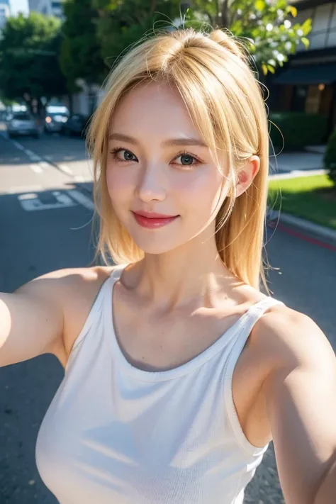 Best Quality, 8k, masterpiece, Photorealistic,((Selfie)), Blonde,Realistic,((An innocent smile)),Taking a walk,A beautiful Japanese woman with a half-Japanese look,Medium Hair,Facial wrinkles, ((Upper Body)),Medium Hair, (Viewer&#39;s perspective), ((A big...