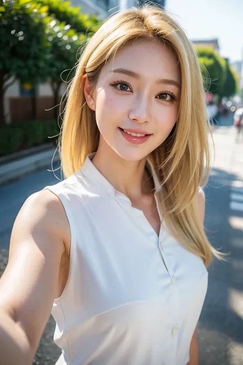 Best Quality, 8k, masterpiece, Photorealistic,((Selfie)), Blonde,Realistic,((An innocent smile)),Taking a walk,A beautiful Japanese woman with a half-Japanese look,Medium Hair,Facial wrinkles, ((Upper Body)),Medium Hair, (Viewer&#39;s perspective), ((A big...