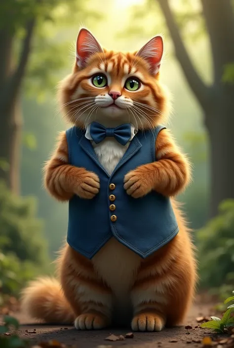  a realistic brown tabby Norwegian forest cat with green eyes and round eyes standing on its back legs facing the front。 The outfit is a blue vest 、 wearing a blue bow tie 。The background is a forest where light shines 。