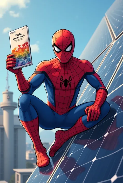 Spider man holding a pamphlet writen yashi solar-tech solutions in theres web spiderman stick on solar power plant on roof