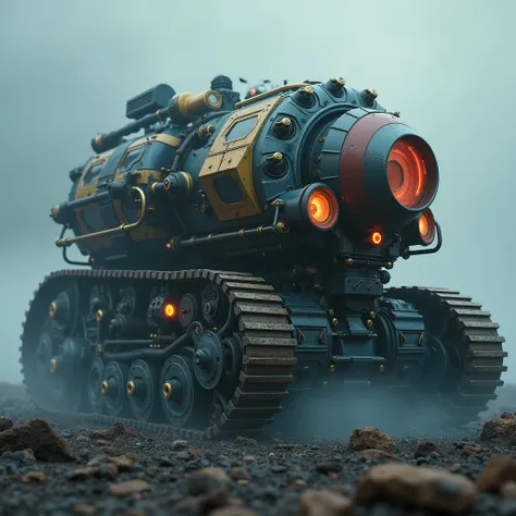 Warhammer 40K,Legion Tank,intricate futuristic, steampunk , Heavy Machinery, intricate engineering details, complex machinery, brass and chrome accents, glowing neon lights, volumetric fog, dramatic cinematic lighting, moody color palette, muted greys and ...