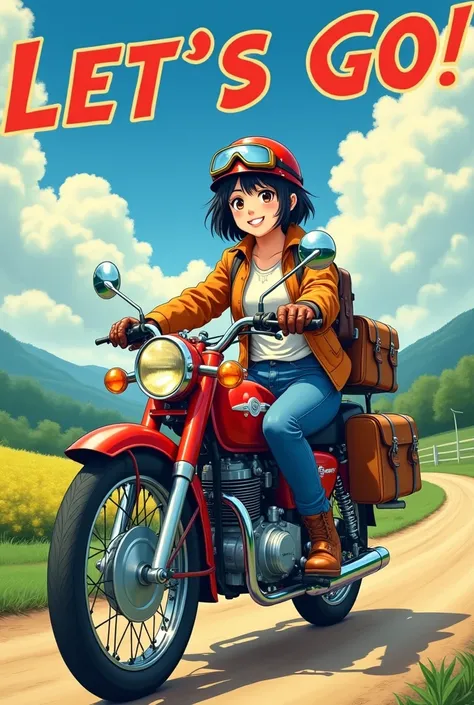 ((Best Quality)),smileで黒髪ショートカットの美しく可愛い日本人女性, helmet、goggles、gloves、jeans、boots、Riding a loaded Super Cub.。( with capital letters of the alphabet above the head Lets go you want to go.It says:)、Rural Scenery、High resolution,smile, far and near method, mast...