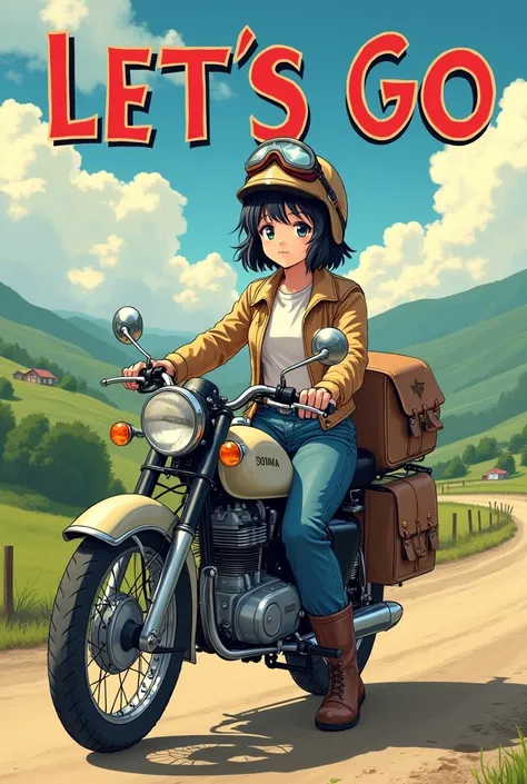 ((Best Quality)),smileで黒髪ショートカットの美しく可愛い日本人女性, helmet、goggles、gloves、jeans、boots、Riding a loaded Super Cub.。( with capital letters of the alphabet above the head Lets go you want to go.It says:)、Rural Scenery、High resolution,smile, far and near method, mast...