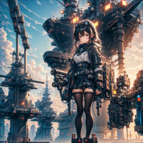 anime girl kneeling on a platform with a machine in the background, girl with warship parts,spaceship, battleship, starry sky, a...