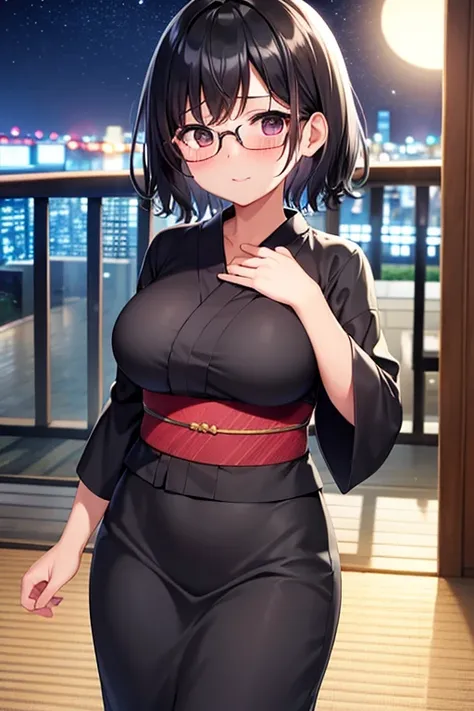 Glasses、milf、Black Hair、Short Hair、Chubby、Busty、Unraveled yukata、night、living、Alone、High resolution ,Best Quality、shame、blush、correct