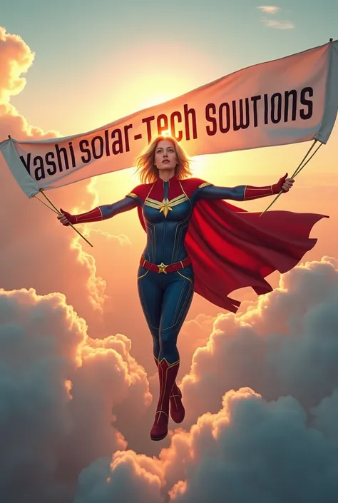 Captain Marvel fly on air with clouds and sun holding a big banner written yashi solar-tech solutions realistic and banner waving in wind