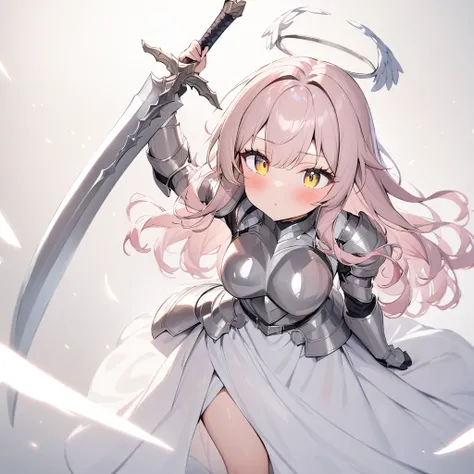 (masterpiece), Best Quality, One girl, Valkyrie, Angel knight in white dress and silver armor, Shiny Armor, High Gloss Armor, Reflective Metal Armor, Holding a sword, (length_sword), pink length curly hair, Yellow Eyes, Wings, White clothing, Perfect light...