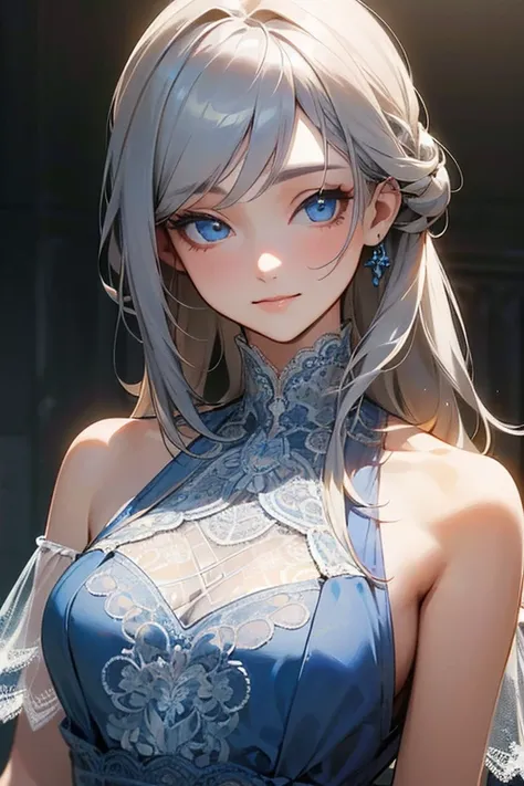 (masterpiece: 1.2, Please redeem), (Actual Photos, Intricate details), 1. woman, Alone, Upper Body, casual, Shoulder Length Hair, Minimal makeup, Natural materials, Face close-up, smile, Home, Gray Hair, blue eyes, Shoulder Bare、((Lace dress)).