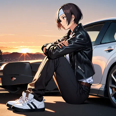 One girl, solo, short hair, black hair, black fingerless gloves, sitting, white shirt, outdoors, shoes, black gloves, brown belt,((black leather jacket with rolled up arms)), looking sideways, black pants, white shoes, car on ground, white leather shoes, a...