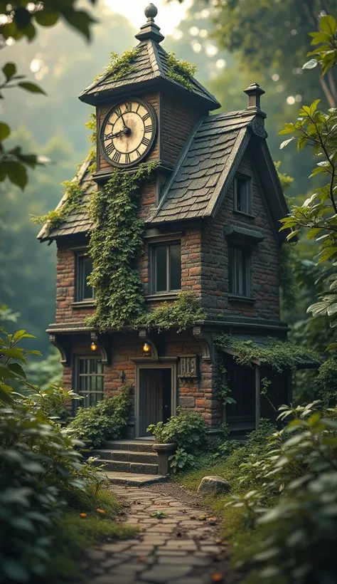 (la best quality,high resolution, looks super detailed,actual),a huge dilapidated and abandoned clock house，covered with plants，...