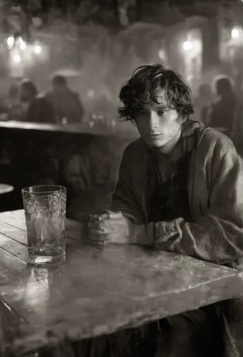 raw photo, movie photo, official art, Award-winning work, ( double exhibition work : 1.4),
 A young man sitting in a bar , feeling of sadness,  loneliness,  abandoned in the foreground   , in the background,   translucent several drunken beggars ,  with a ...