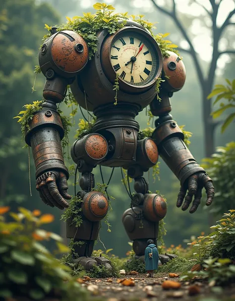 (la best quality,high resolution, looks super detailed,actual),a giant clock robot that is dilapidated and abandoned，covered wit...