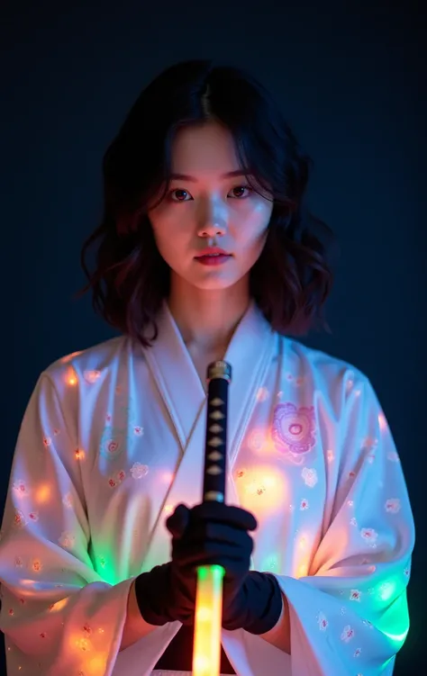 A young woman with shoulder-length wavy black hair is shown from the torso up, holding a glowing katana in front of her. She is wearing a traditional kimono that is white with iridescent, vibrant floral patterns in shades of pink, orange, blue, and green. ...