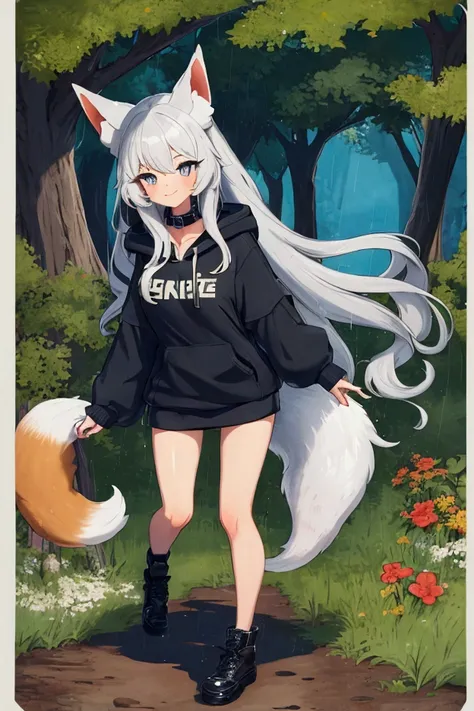 masterpiece, best quality, accuracy, HD,  Forest, Campground , campfire,  Fox girl, fuchsohr, foxtail, very very very long hair bluesilver, blue-grey eyes, collar with dog tag,  black long open hoodie, no underwear,  black through overknee ,  black high-he...