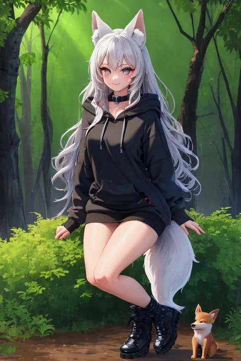 masterpiece, best quality, accuracy, HD,  Forest, Campground , campfire,  Fox girl, fuchsohr, foxtail, very very very long hair bluesilver, blue-grey eyes, collar with dog tag,  black long open hoodie, no underwear,  black through overknee ,  black high-he...