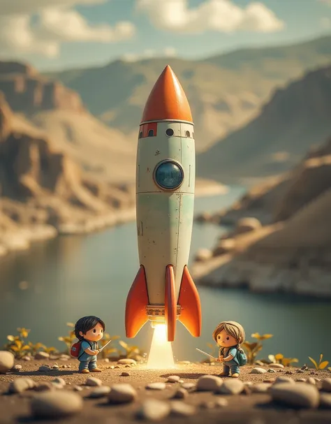 rocket，preparing for launch ， tiny humans,features,tilt action,excellent lighting effects,landscape,3d,brush rendering,3d effect...