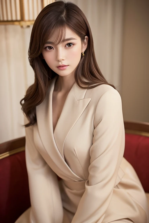 Japanese young woman, mid-length brown hair, styled in a luxurious, elegant outfit, photographed from a low angle, soft lighting, sophisticated and charming look, natural makeup, glamorous yet refined setting
