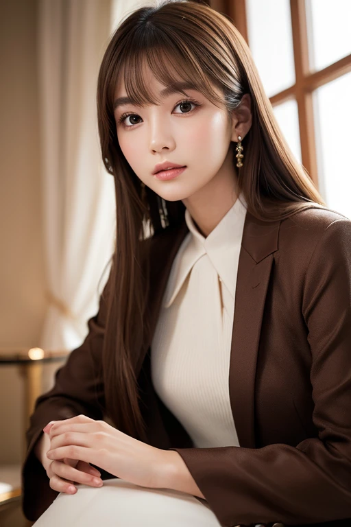 Japanese young woman, mid-length brown hair, styled in a luxurious, elegant outfit, photographed from a low angle, soft lighting, sophisticated and charming look, natural makeup, glamorous yet refined setting
