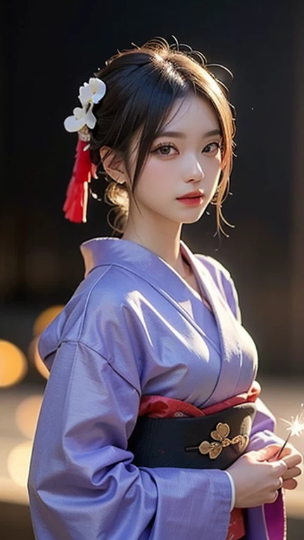 (masterpiece, Best Quality:1.4), Beautiful Face, 8k, 85 mm, Absurd, (Japanese Kimono:1.4), Upper Body, Clevis of the breast、To the camera、 Violet, Gardenias, Delicate girl, Alone, knight, Watch the audience, Upper Body, Film Grain, chromatic aberration, Sh...