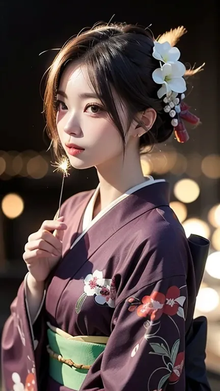 (masterpiece, Best Quality:1.4), Beautiful Face, 8k, 85 mm, Absurd, (Japanese Kimono:1.4), Upper Body, Clevis of the breast、To the camera、 Violet, Gardenias, Delicate girl, Alone, knight, Watch the audience, Upper Body, Film Grain, chromatic aberration, Sh...