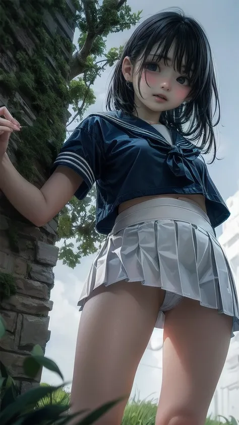 Very cute and beautiful girl,(Beautifully detailed face and eyes:1.2),
smile,Black Hair,Sailor suit,( Navy Blue Pleated Mini Skirt),
(From below),Standing,White panties,
garden,grassland,Shrubs,
(Best Quality,masterpiece:1.2),Intricate details,High resolut...