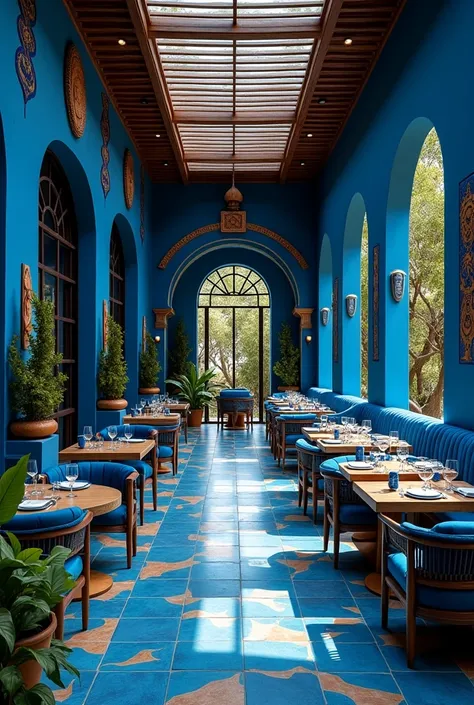 The interior and exterior of a restaurant in Africa with the blue theme