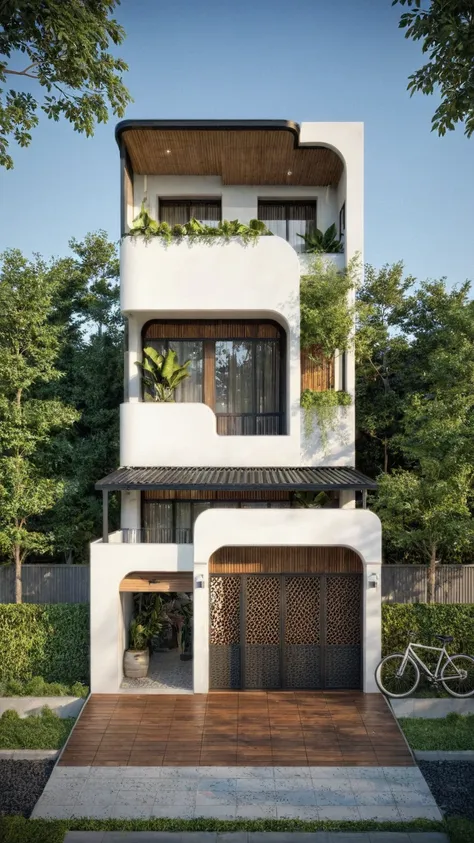 the house has 2 floors and 1 attic with a terrace. tall and narrow, modern design, steel gate and wooden details in harmonious c...