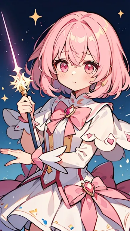 ((A girl with light pink hair and pink eyes)),(( wearing pink magical girl clothes holding a magic wand)),((마법지팡이를 들고 있는)),bangs,Hair between the eyes