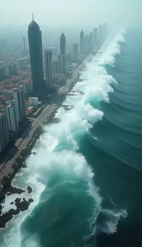 "An aerial view of a massive 30-meter tsunami approaching and crashing into the city of Jakarta. The colossal wave towers over the skyline, dwarfing the citys tallest skyscrapers. The wave engulfs the coastal areas, flooding streets and submerging building...