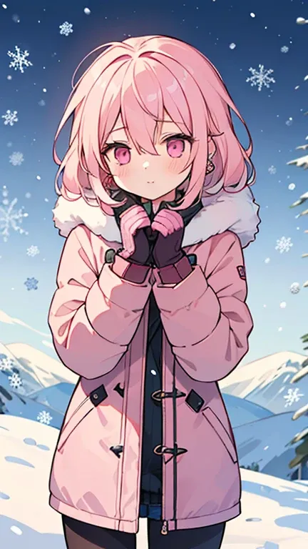 ((A girl with light pink hair and pink eyes)),((Im wearing light pink winter clothes )),(( Im wearing winter gloves and winter earplugs)),bangs,Hair between the eyes