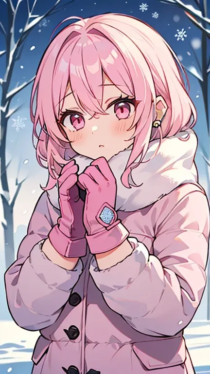 ((A girl with light pink hair and pink eyes)),((Im wearing light pink winter clothes )),(( Im wearing winter gloves and winter earplugs)),bangs,Hair between the eyes