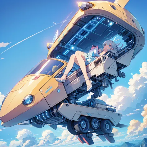 A futuristic vehicle that flies in the sky、Kawaii Tech,super high quality、Masterpiece、The best composition、