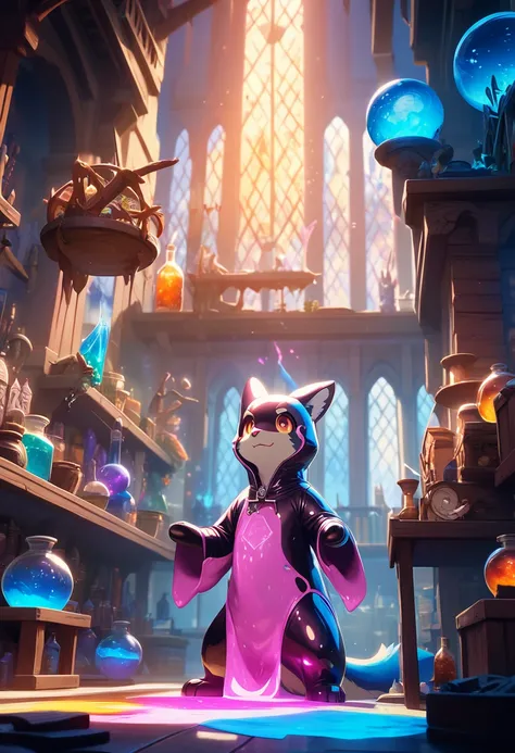 Best Quality, Best Quality, masterpiece, Ultra-high resolution, Detailed Background, Absurd, Fantasy, rpg, alchemy, Perfect Anatomy, performance, Good lighting, Shadows in the movies(kemono, Furry Personifi猫ion), Rubber Suit, latex, rubber armor, Vibrant c...